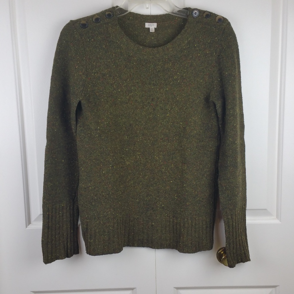 J. Crew Olive Tweed LS Button Shoulder Sweater S